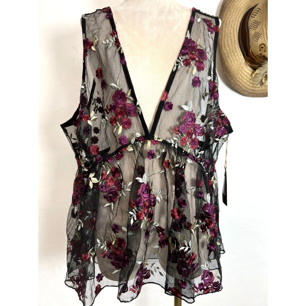 NWT Shyanne Black Sheer Mesh Floral Embroidered Babydoll Top XXL Western boho